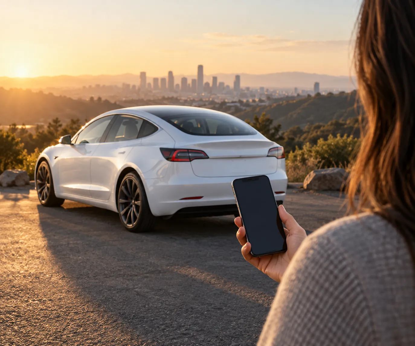 A driver beside a parked electric car at a quiet city overlook.